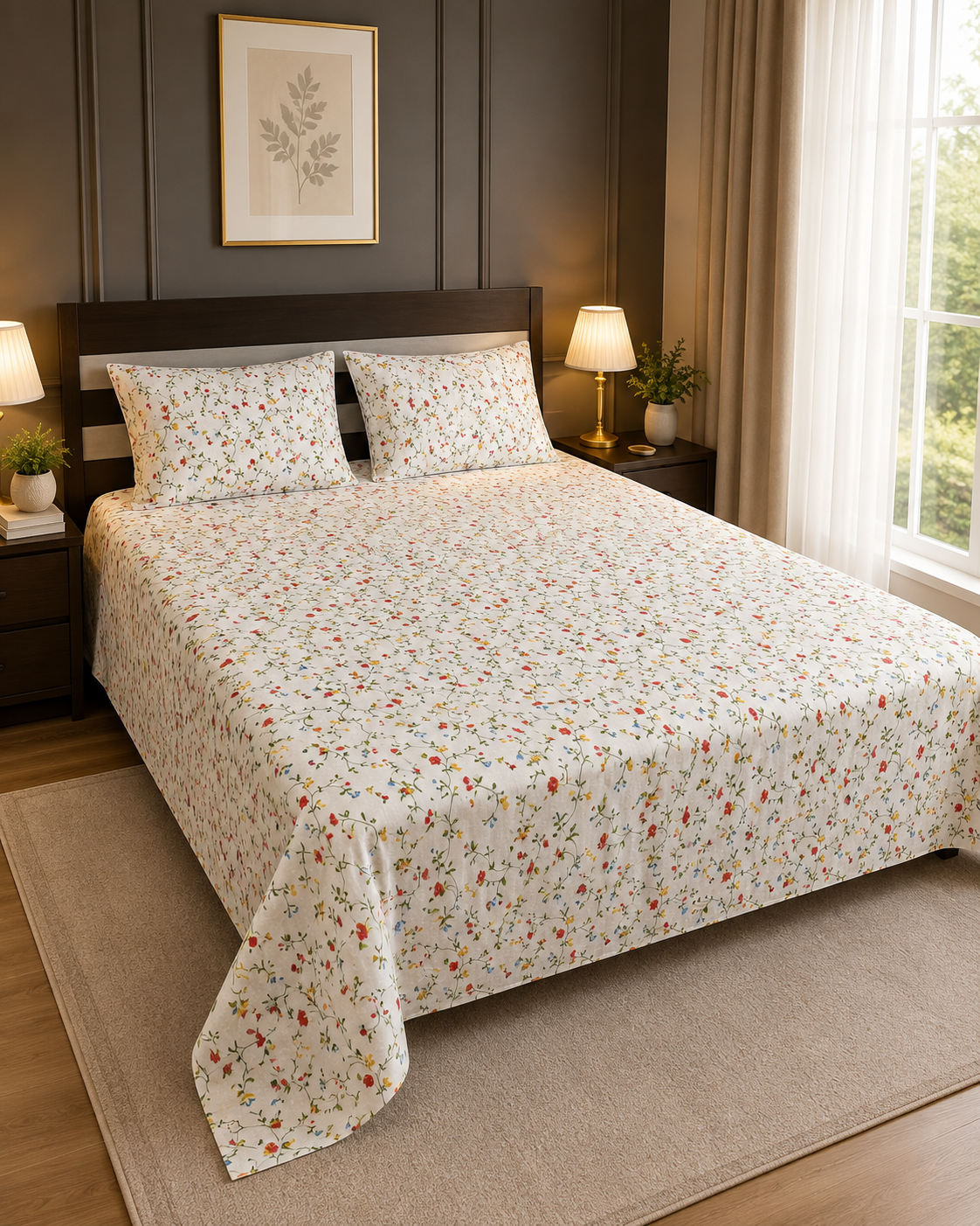 White Subtle Floral King Bedsheet Set