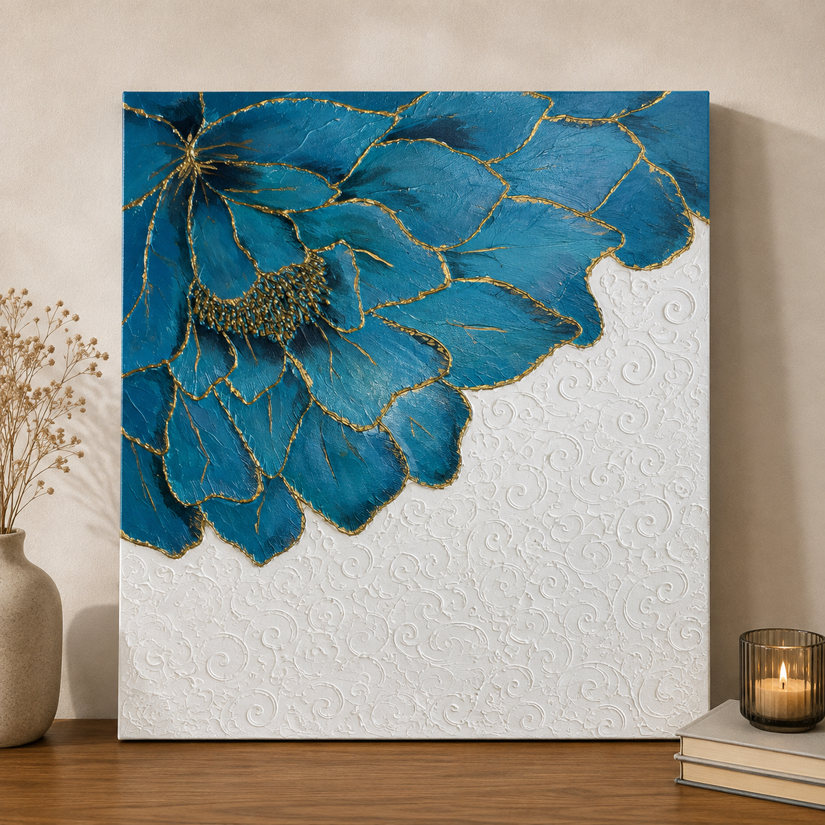 Turquoise Teal & Gold Impasto Floral Canvas Art