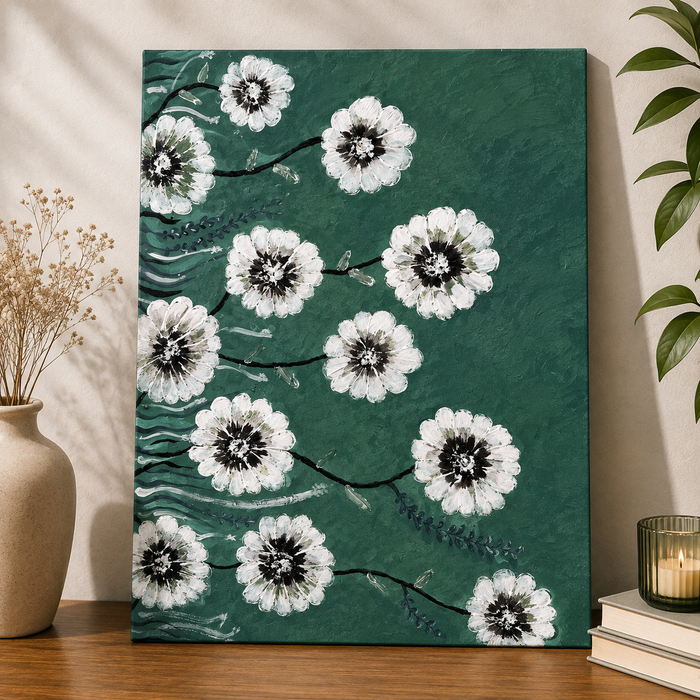 Emerald Green & Textured White Daisy Canvas Painting