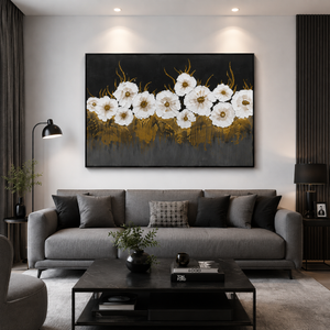 Modern Black & Gold Textured White Floral Horizon Canvas Painting