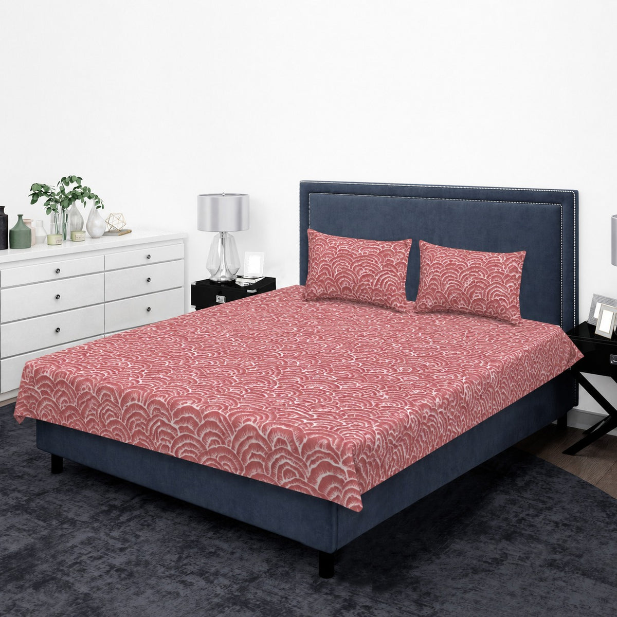 Coral Pink & White Scalloped Wave King Bedsheet