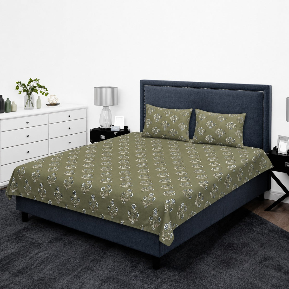 Olive Green & White Block Print Floral King Bedsheet