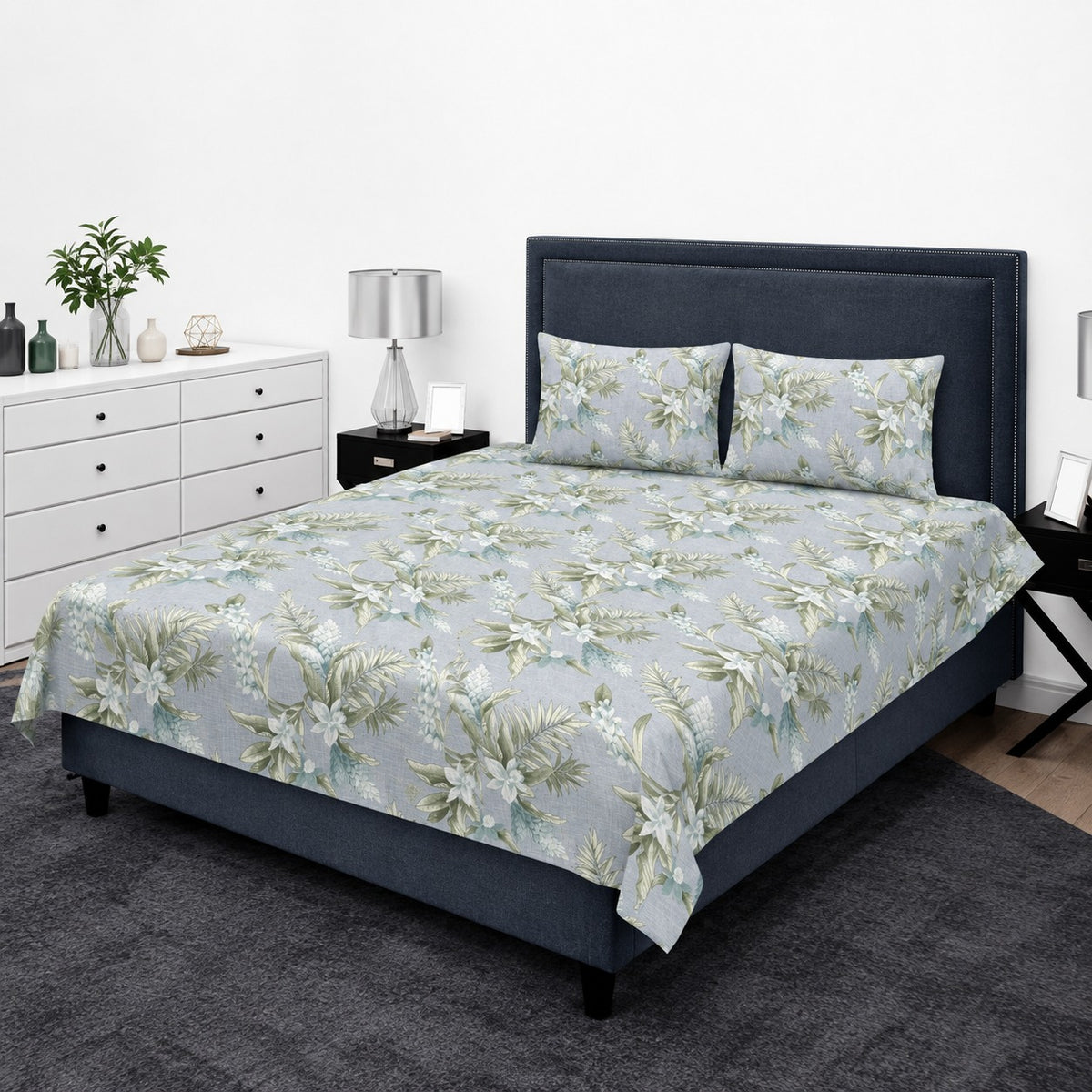 Sky Blue & Sage Tropical Palm Floral King Bedsheet