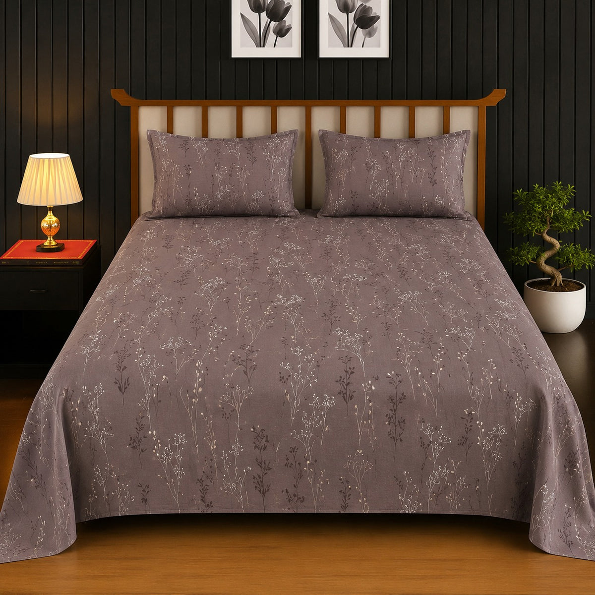 Dusty Mauve & White Delicate Wildflower King Bedsheet