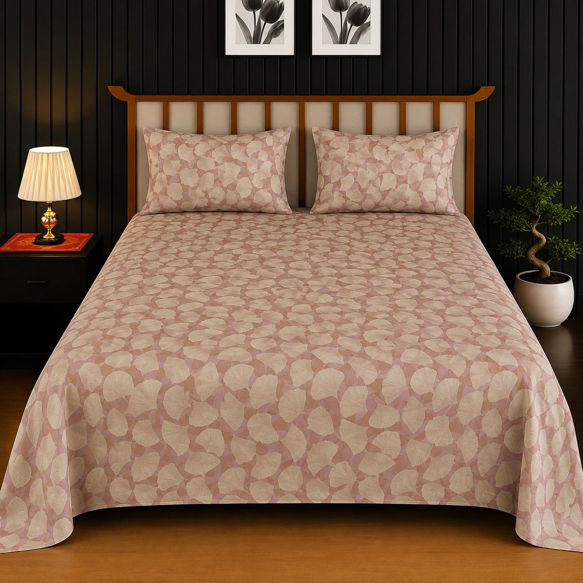 Dusty Rose & Cream Gingko Leaf King Bedsheet