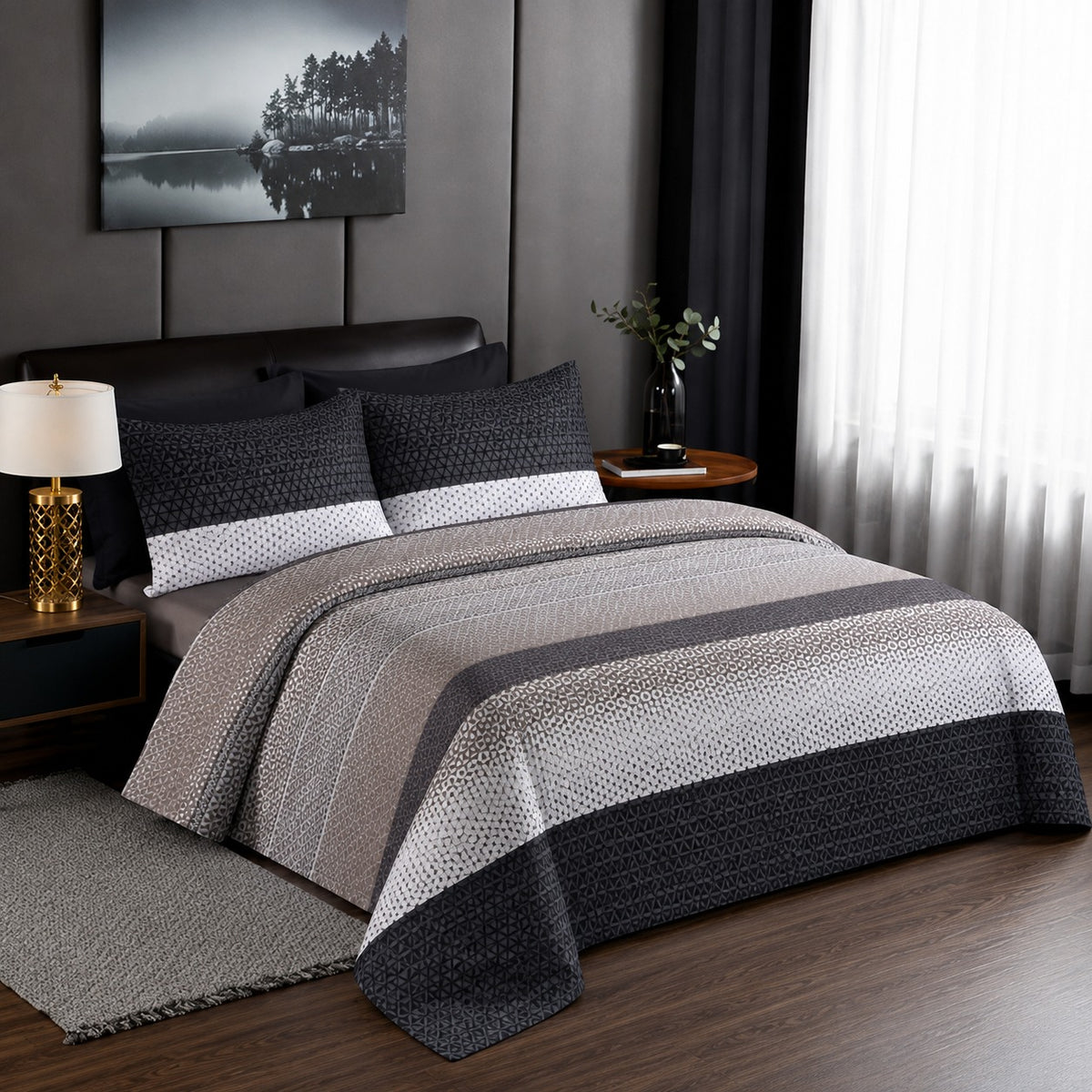6 Piece Charcoal Geometric Striped Duvet Cover Set