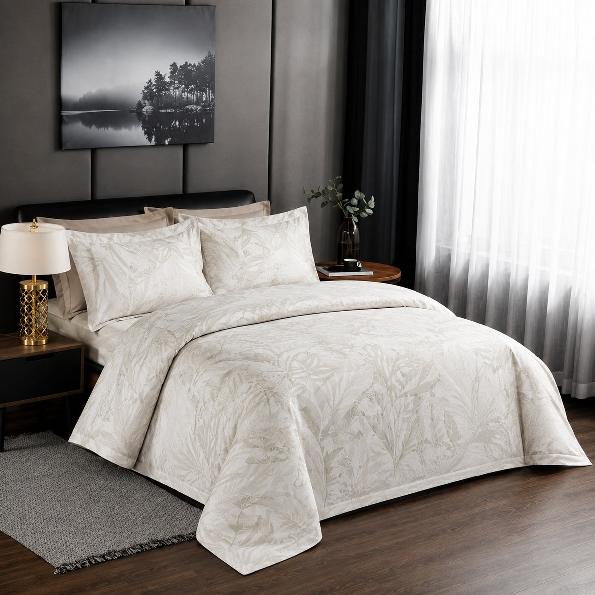 6 Piece Elegant Beige Tropical Leaf Duvet Cover Set