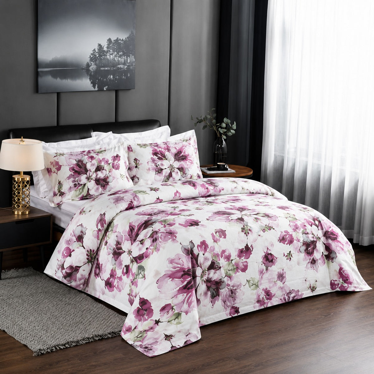 6 Piece Magenta Watercolor Blossom Duvet Cover Set