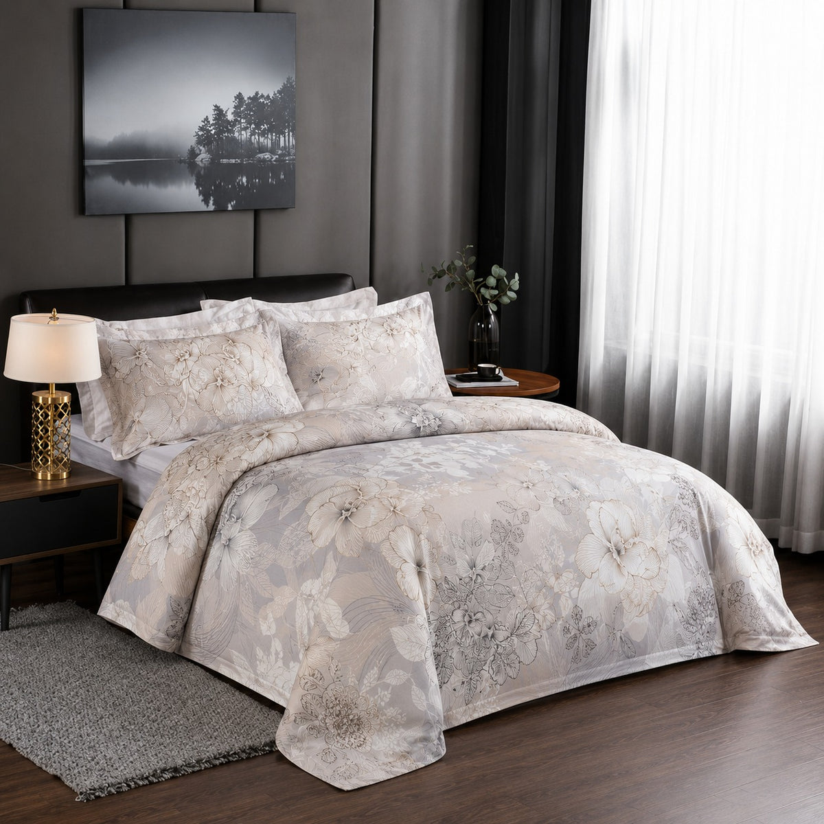 6 Piece Cream & Silver Floral Elegance Duvet Cover Set