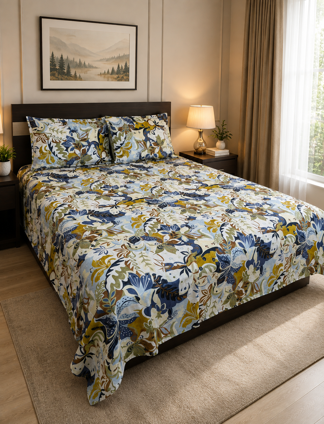 Blue & Mustard Floral King Bedsheet Set