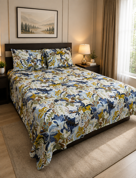 Blue & Mustard Floral King Bedsheet Set