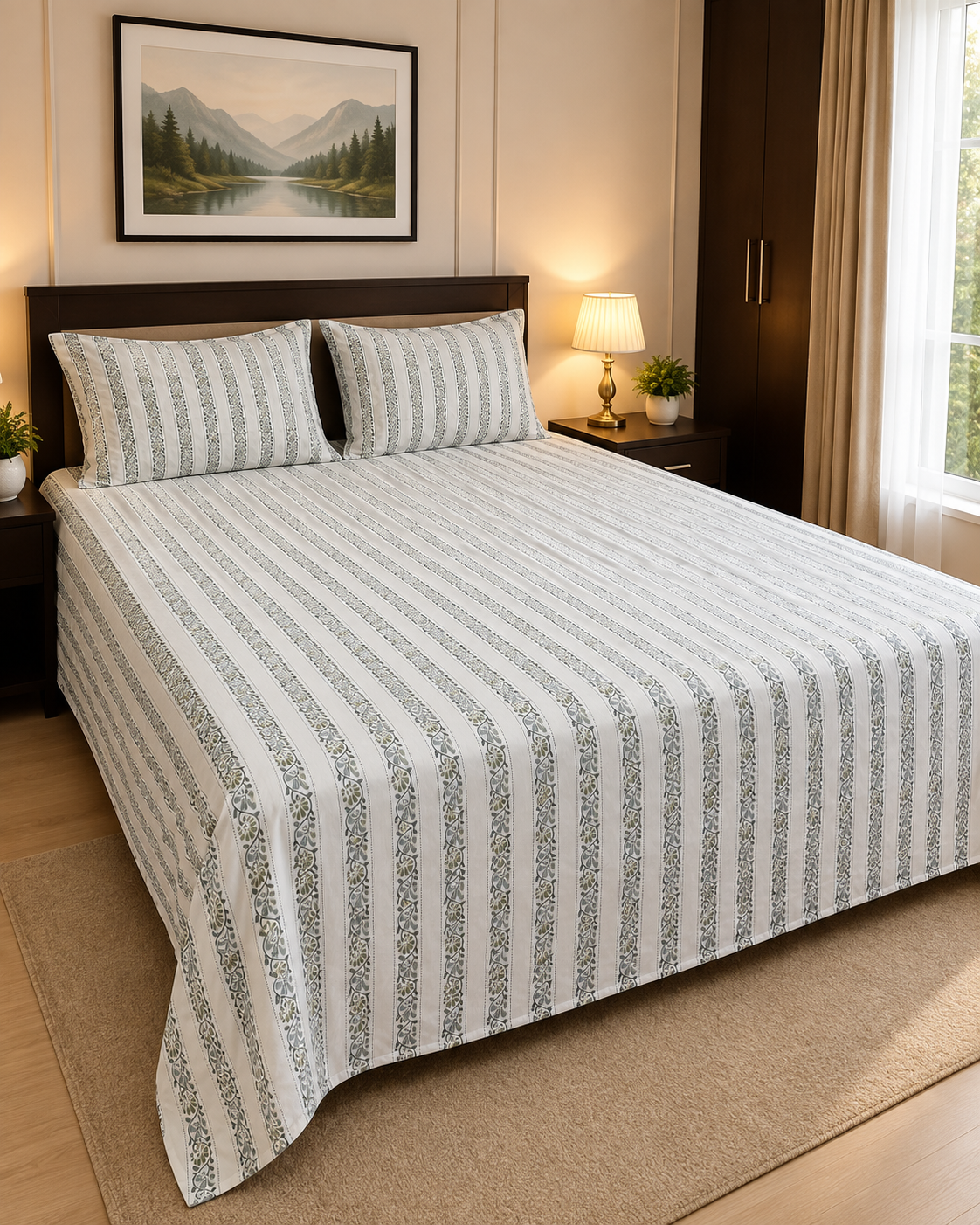 Sage Green Floral Stripe King Bedsheet Set