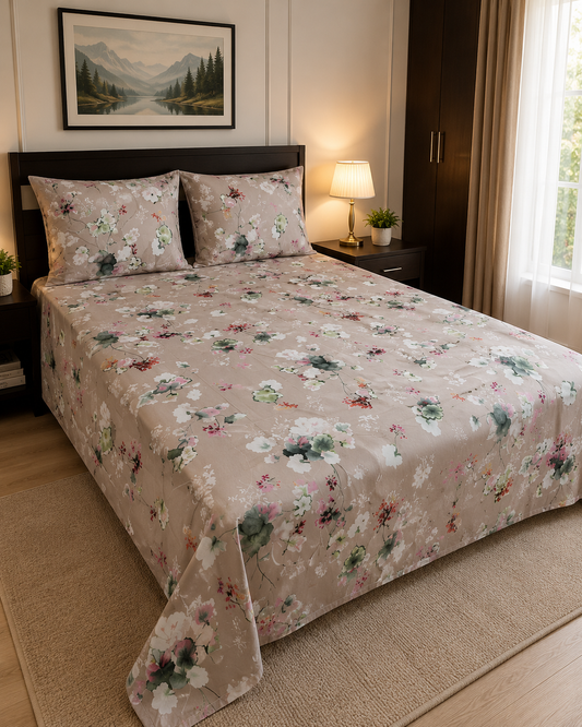 Beige Floral Garden King Bedsheet Set