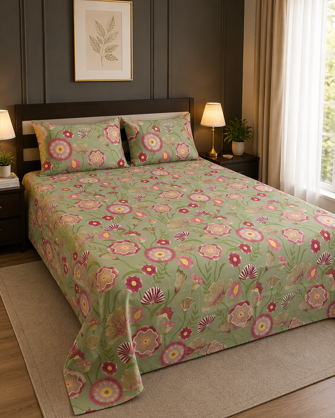 Olive Green Pink Floral King Bedsheet Set