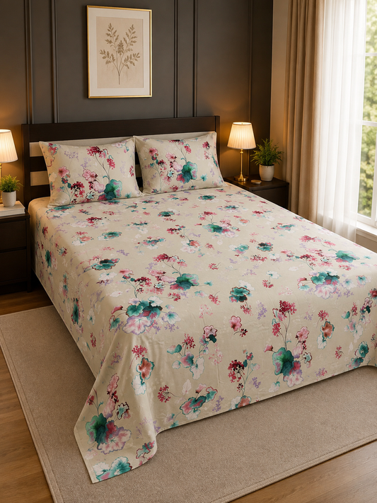 Cream & Pink Floral King Bedsheet Set