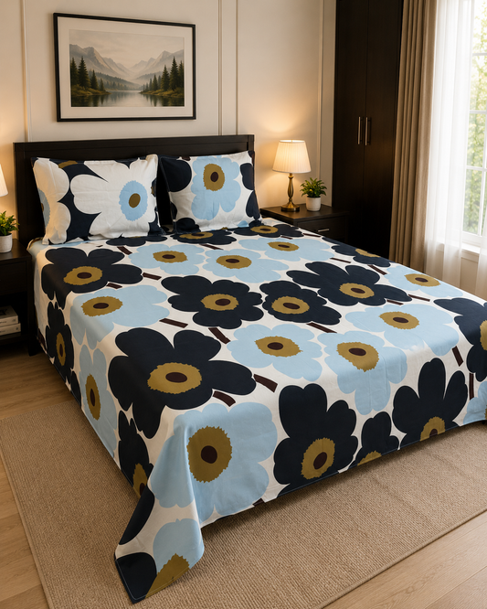 Blue & Navy Floral Poppy King Bedsheet Set