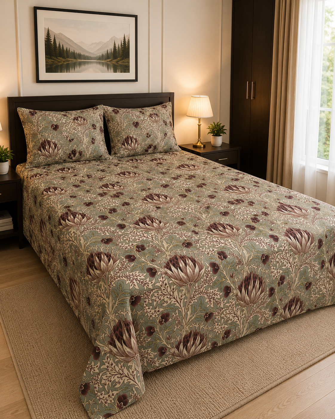 Sage Green & Brown Botanical King Bedsheet Set