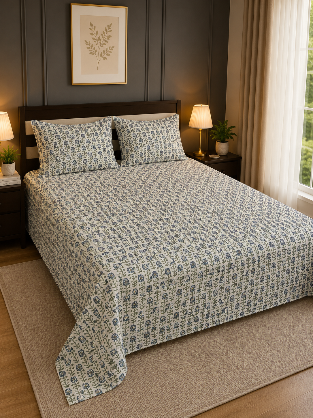 Blue & Sage Block Print King Bedsheet Set