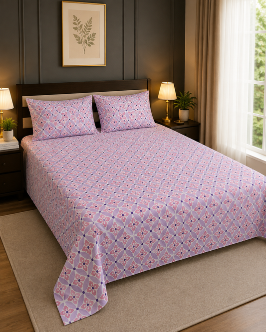 Lavender & Pink Geometric Floral King Bedsheet Set
