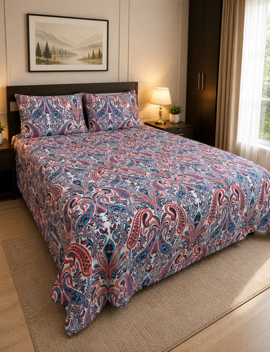 Red & Blue Paisley King Bedsheet Set