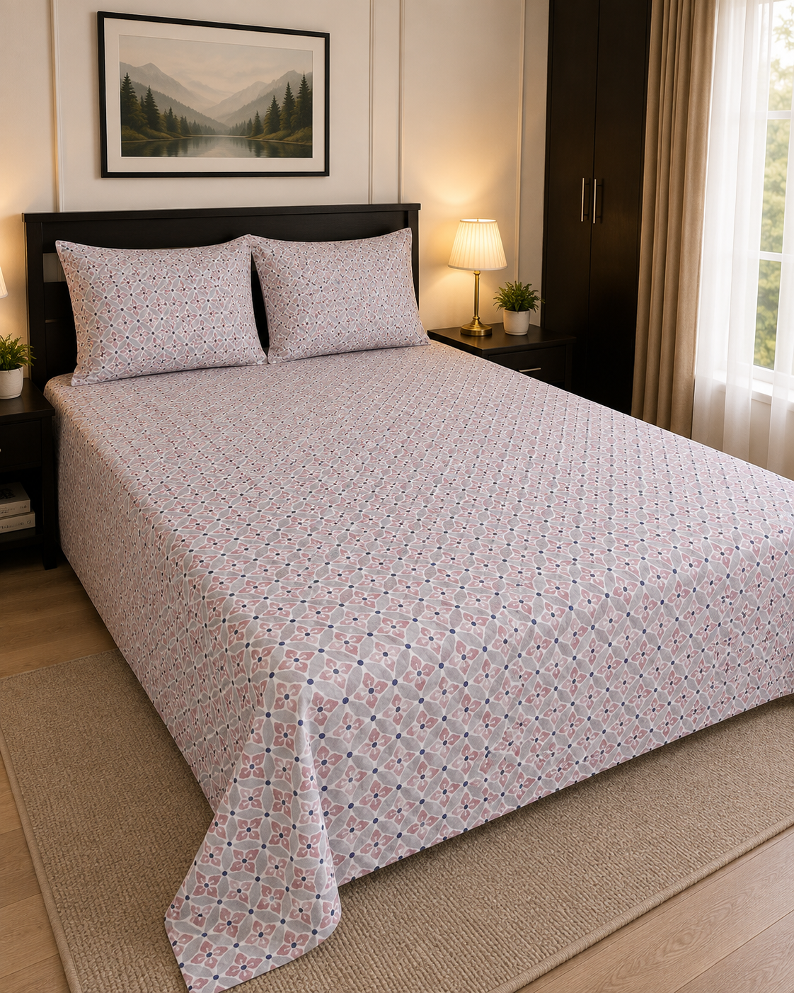 Dusty Pink & Grey Geometric Floral King Bedsheet Set