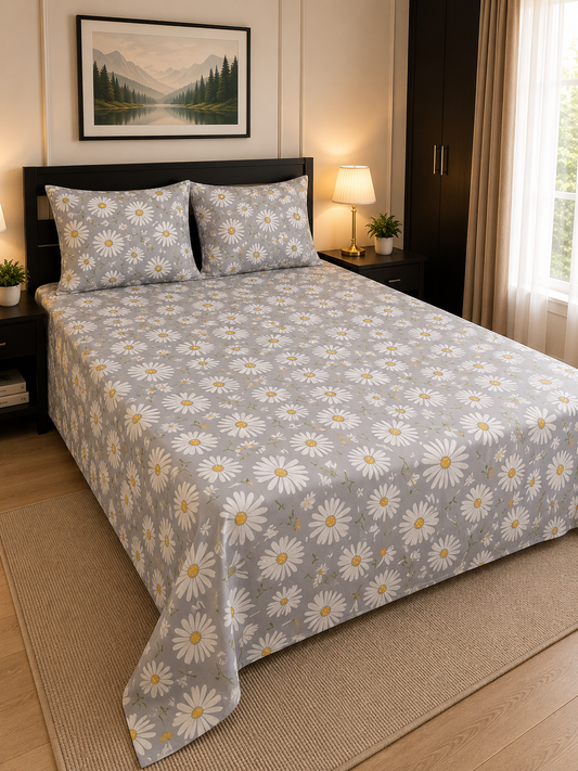 Soft Grey Daisy Print King Bedsheet Set