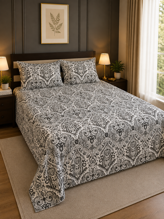 Black & Charcoal Damask Paisley King Bedsheet Set