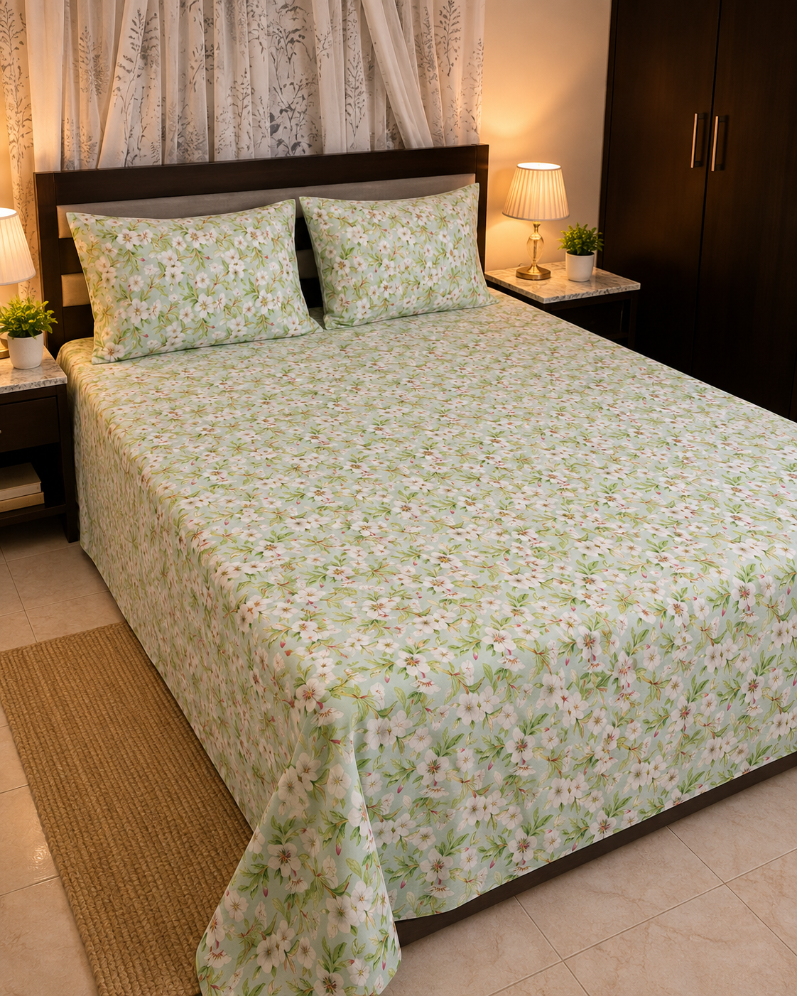 Mint Green White Blossom King Bedsheet Set