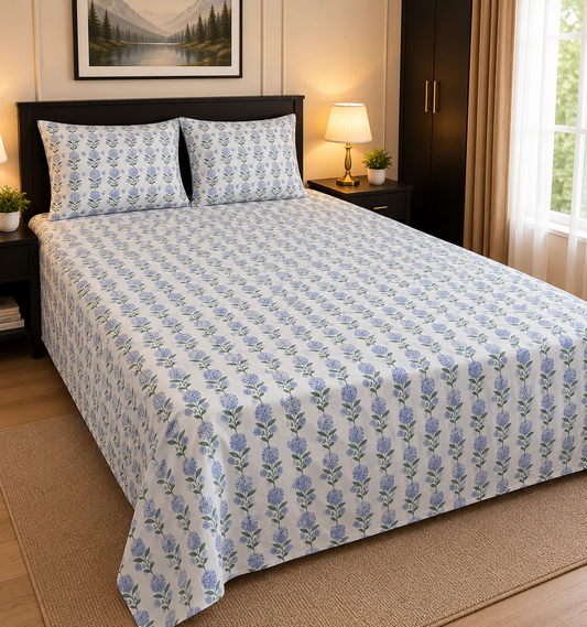 Blue Hydrangea Floral Block Print King Bedsheet Set