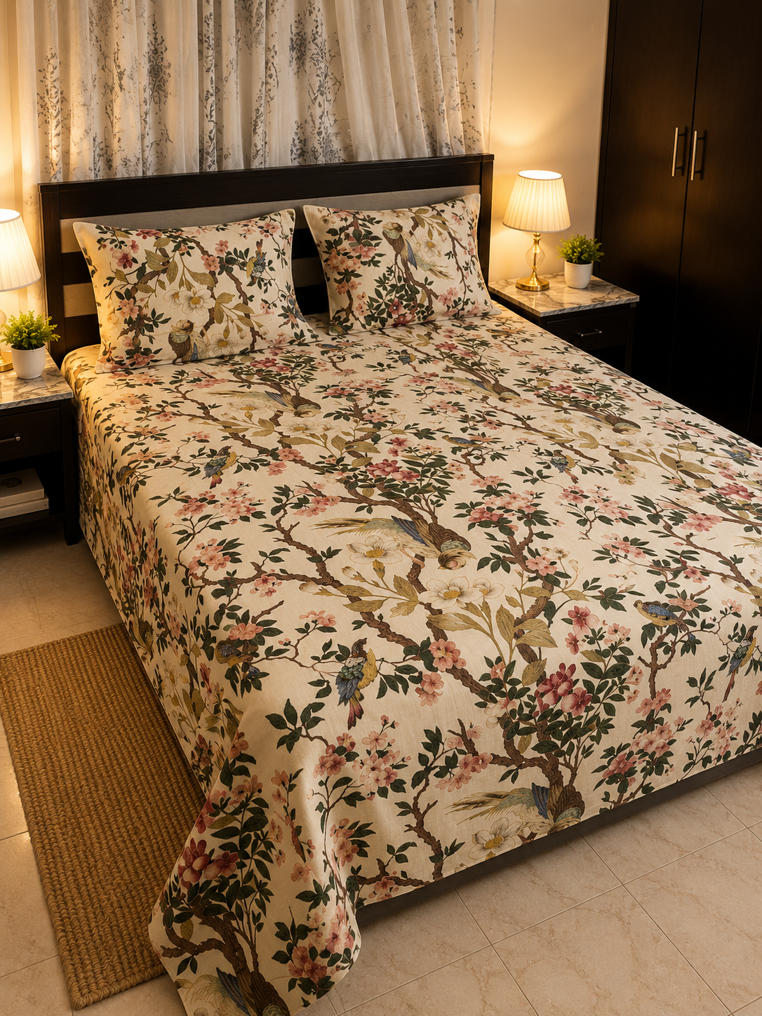 Beige Vintage Bird & Floral Chintz King Bedsheet Set