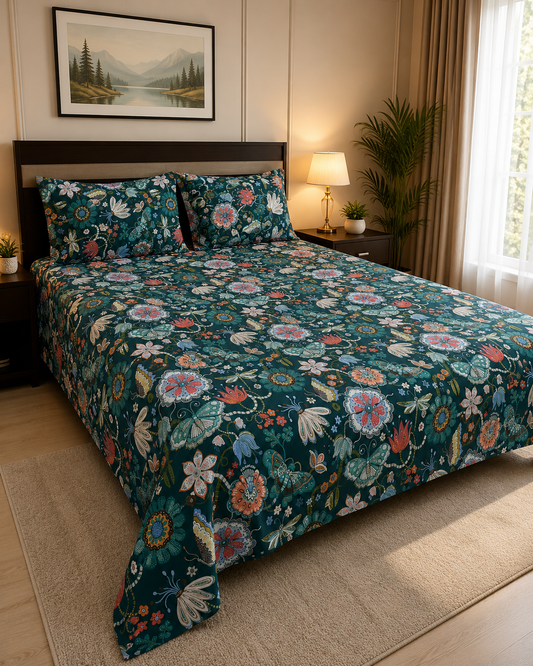 Teal Garden Floral King Bedsheet Set