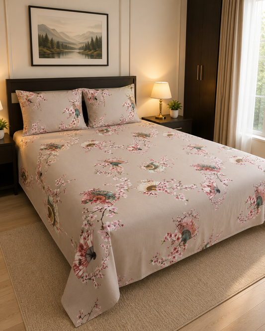 Beige Sakura Blossom & Fan King Bedsheet Set