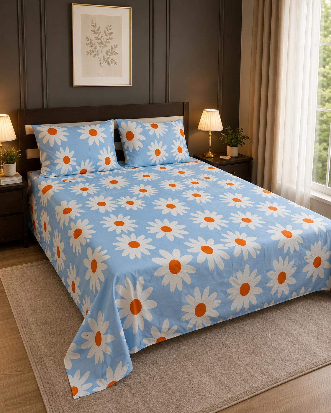 Sky Blue Daisy Print King Bedsheet Set