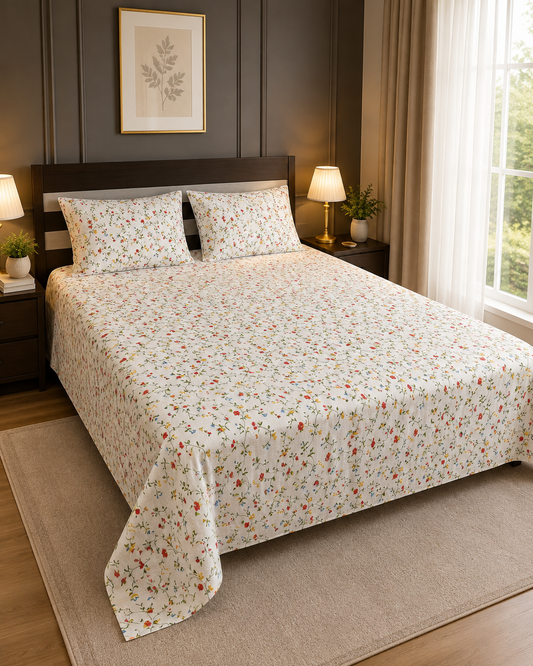 White Subtle Floral King Bedsheet Set