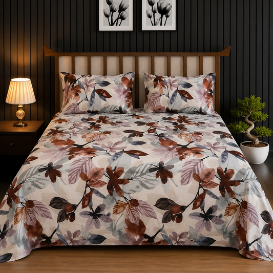 Earthy Chestnut & Slate Botanical King Bedsheet