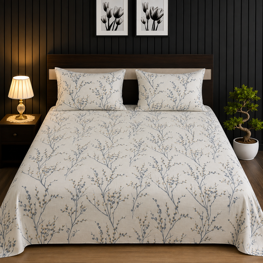 Off-White & Slate Blue Willow Branch King Bedsheet