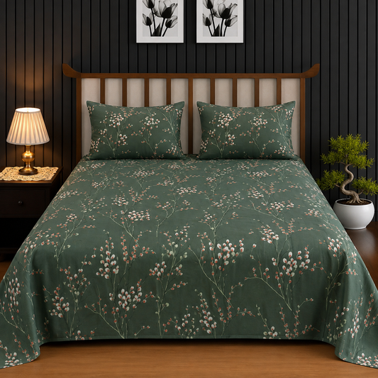 Forest Green & Blush Blossom Delicate King Bedsheet