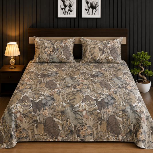 Earthy Taupe Tropical Palm & Botanical King Bedsheet