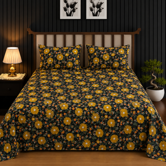 Dark Forest & Marigold Floral King Bedsheet