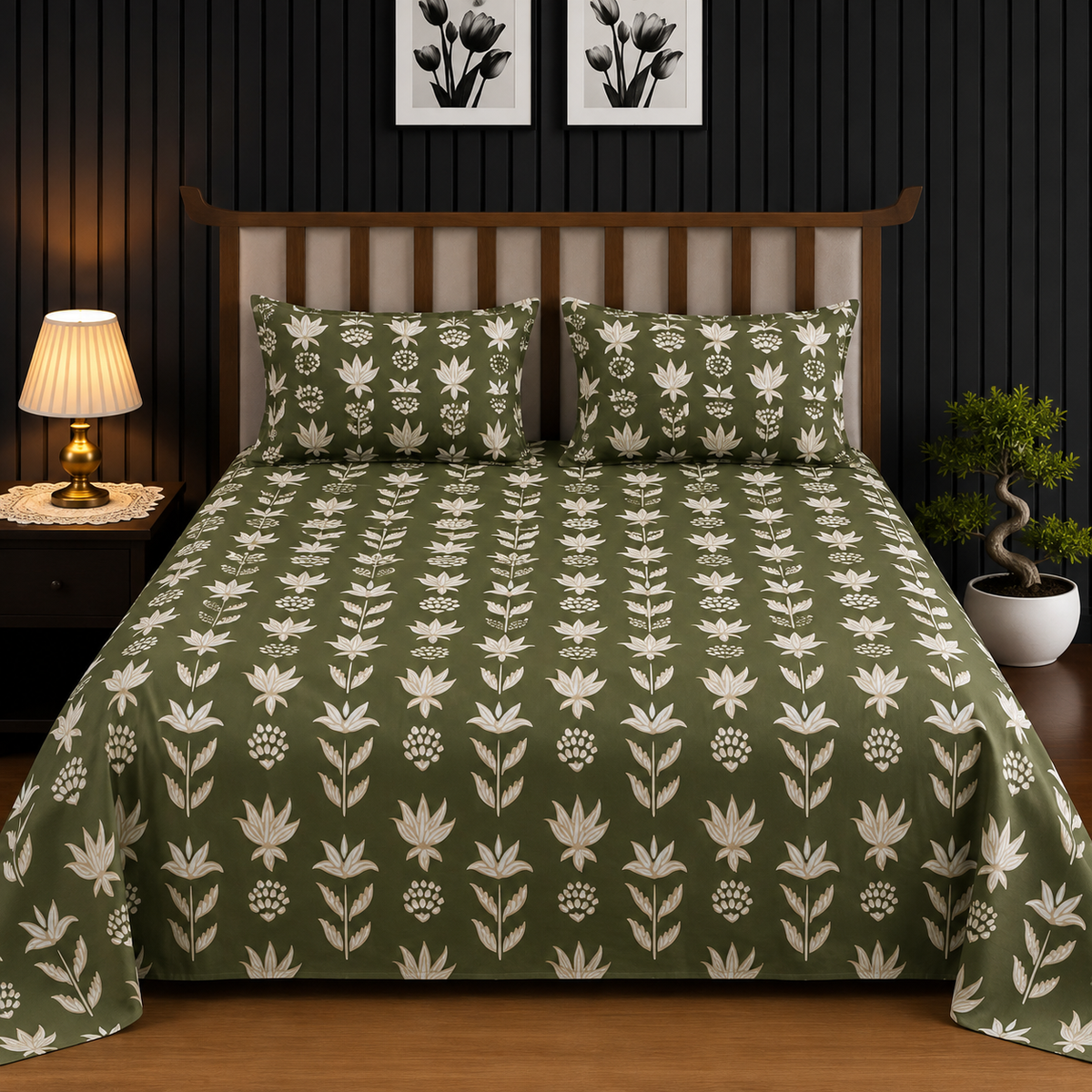 Olive Green & Beige Geometric Floral King Bedsheet