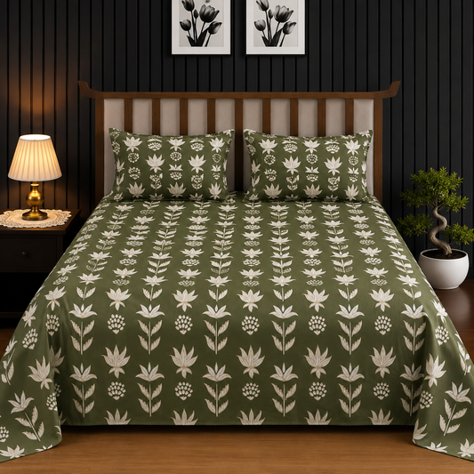 Olive Green & Beige Geometric Floral King Bedsheet