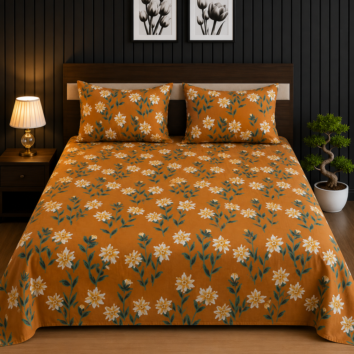 Mustard Yellow & White Daisy Floral King Bedsheet