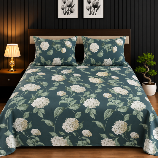 Teal Blue & Ivory Hydrangea Floral King Bedsheet