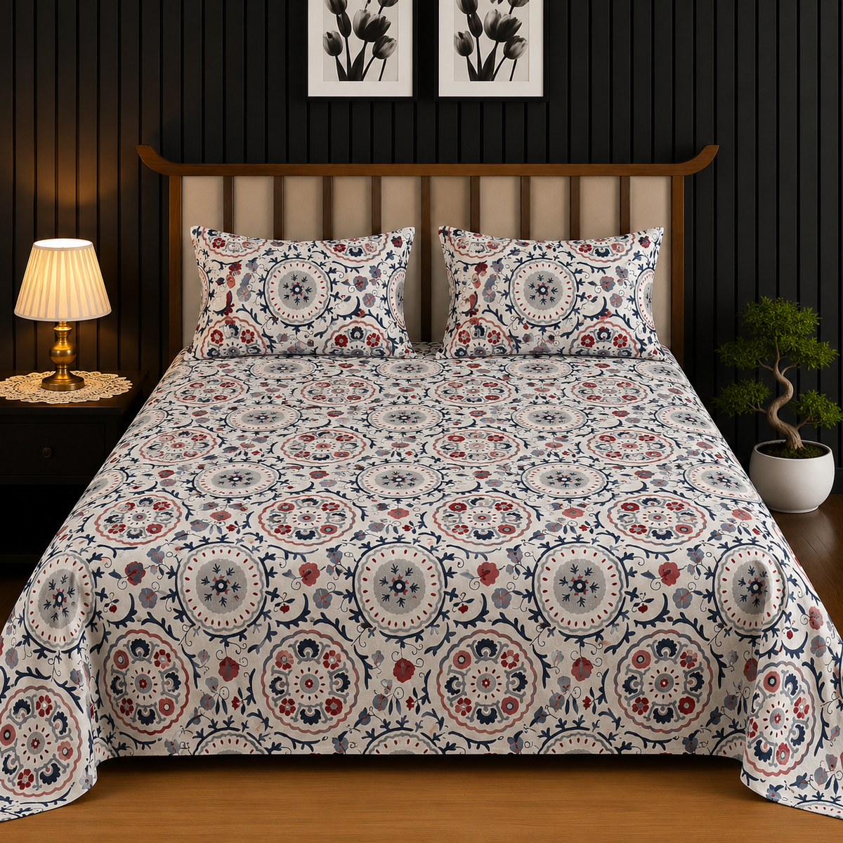 Off-White & Slate Blue Mandala Medallion King Bedsheet