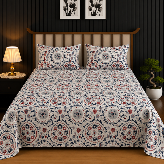Off-White & Slate Blue Mandala Medallion King Bedsheet