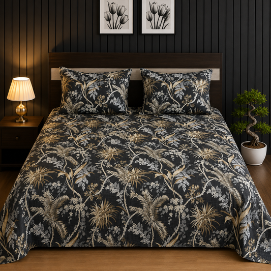 Charcoal Black & Gold Tropical Palm King Bedsheet