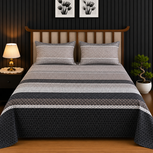 Monochrome Charcoal & Beige Geometric Striped King Bedsheet