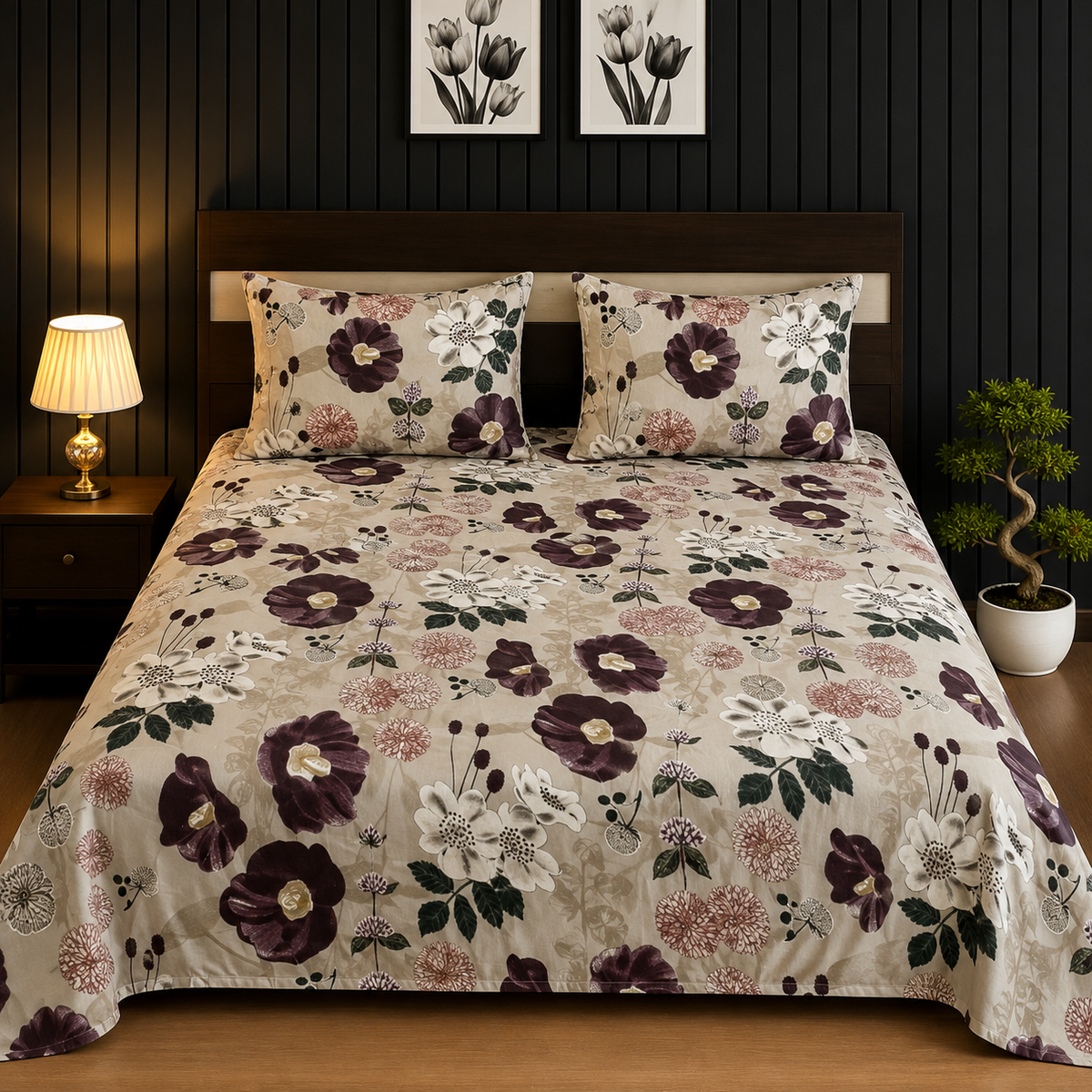 Beige & Plum Anemone Floral King Bedsheet