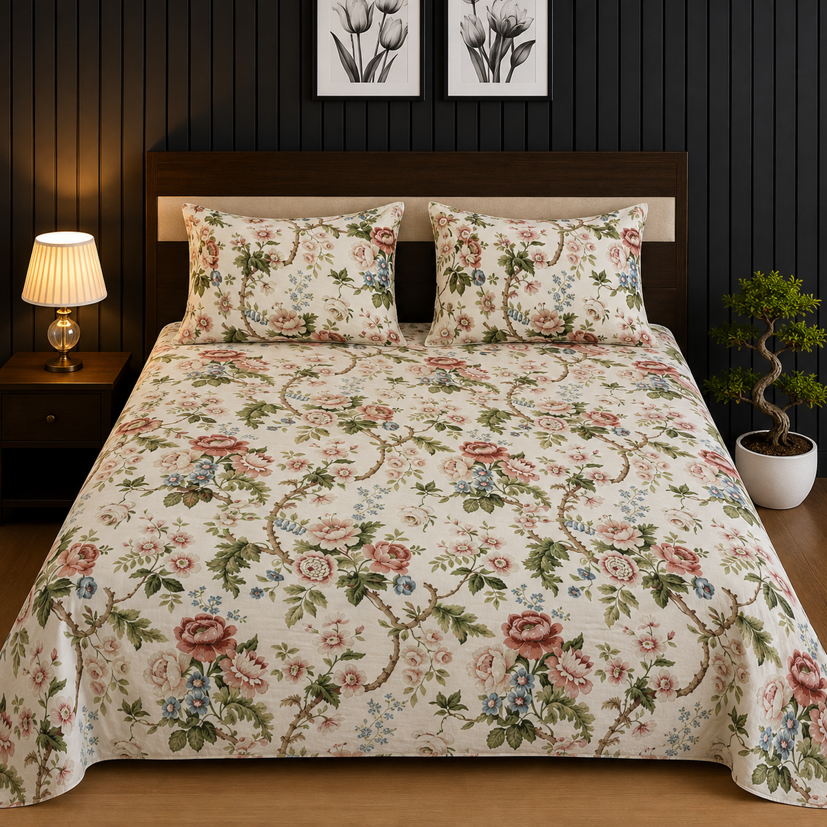 Cream & Rose Vintage Floral Vine King Bedsheet