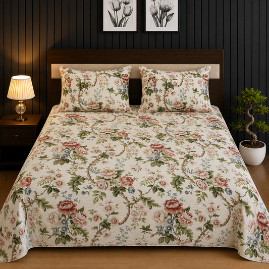 Cream & Rose Vintage Floral Vine King Bedsheet